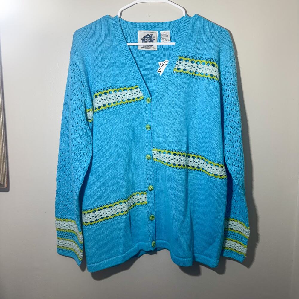 Vtg Storybook Knits Blue Crochet Cardigan NWT Large Cottagecore Whimsical 90s